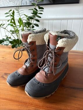 Kamik Brown and Gray Lace-Up Winter Boots with Sherpa Collar